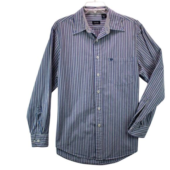 Izod Men's Shirt Size M Button Down Pinstripe Blue Brown Green White Cotton - Picture 1 of 12